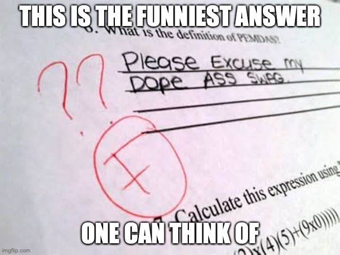 PEMDAS | THIS IS THE FUNNIEST ANSWER; ONE CAN THINK OF | image tagged in homework,school,funny,memes | made w/ Imgflip meme maker