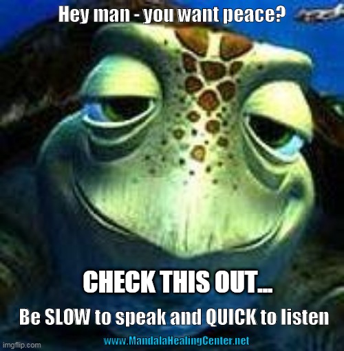 YOU WANT PEACE? | Hey man - you want peace? CHECK THIS OUT... Be SLOW to speak and QUICK to listen; www.MandalaHealingCenter.net | image tagged in finding nemo turtle | made w/ Imgflip meme maker