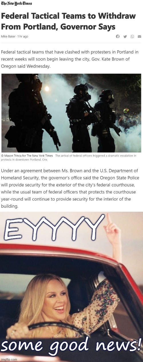 We've seen it before with the kids-in-cages and elsewhere: In the face of public pressure, Trump backs down. This is our victory | EYYYY; some good news! | image tagged in kylie driving,portland,trump,oppression,tyranny,sweet victory | made w/ Imgflip meme maker