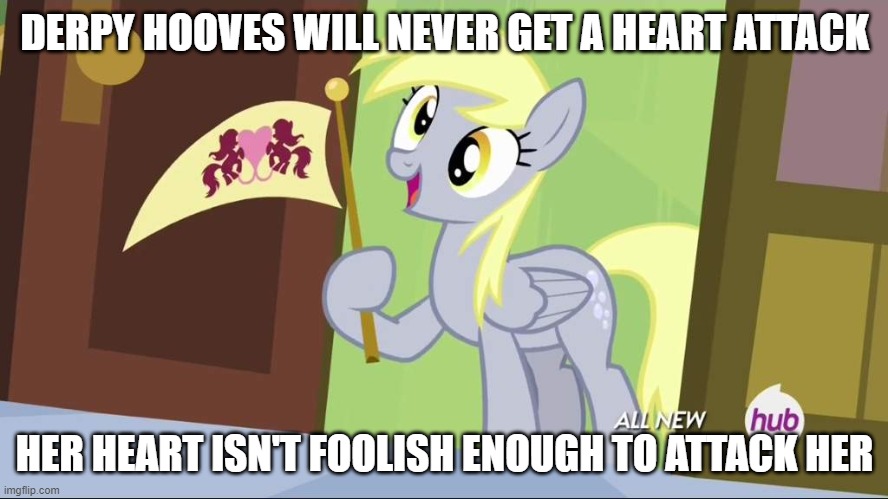 Derpy Hooves facts | DERPY HOOVES WILL NEVER GET A HEART ATTACK; HER HEART ISN'T FOOLISH ENOUGH TO ATTACK HER | image tagged in derpy hooves facts | made w/ Imgflip meme maker