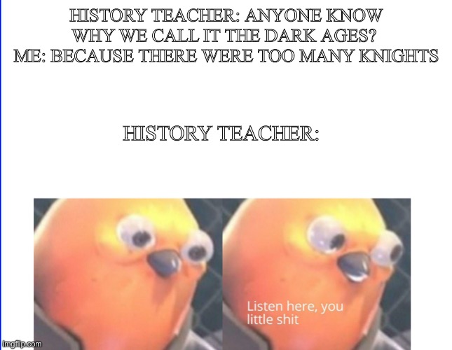 Listen here you little shit | HISTORY TEACHER: ANYONE KNOW WHY WE CALL IT THE DARK AGES? 
ME: BECAUSE THERE WERE TOO MANY KNIGHTS; HISTORY TEACHER: | image tagged in listen here you little shit | made w/ Imgflip meme maker