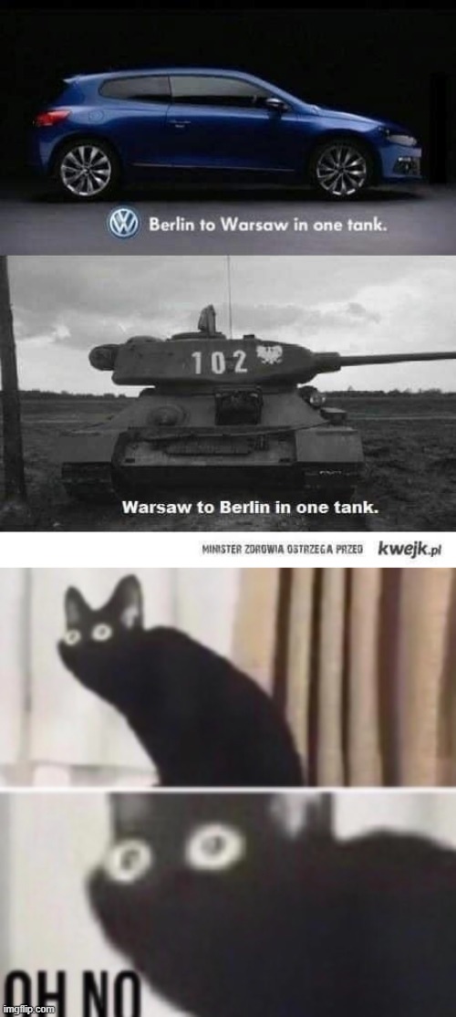 oof Volkswagen but also oof Poland oof just oof mega oofs all around | image tagged in oh no cat,tank,poland,oof,world war 2,world war ii | made w/ Imgflip meme maker