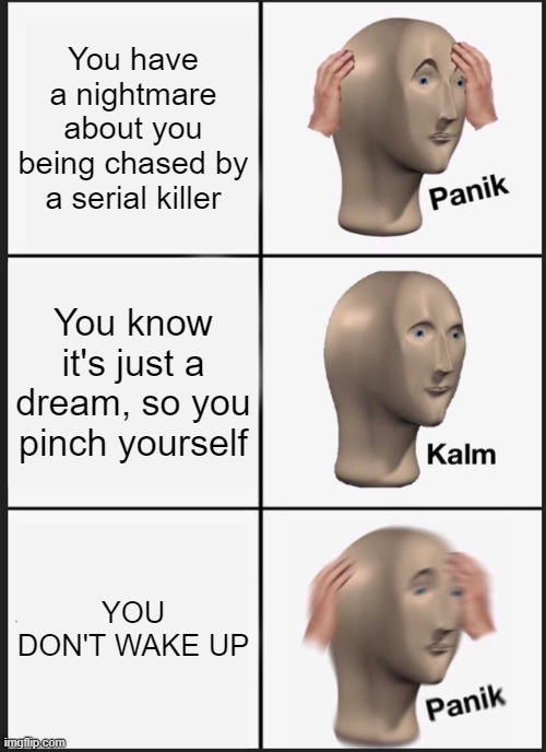 PANIK | You have a nightmare about you being chased by a serial killer; You know it's just a dream, so you pinch yourself; YOU DON'T WAKE UP | image tagged in memes,panik kalm panik | made w/ Imgflip meme maker
