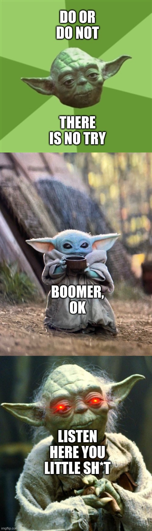 tee hee | DO OR DO NOT; THERE IS NO TRY; BOOMER, OK; LISTEN HERE YOU LITTLE SH*T | image tagged in memes,advice yoda,star wars yoda,baby yoda tea | made w/ Imgflip meme maker