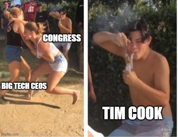getting Tim Cook'd | CONGRESS; BIG TECH CEOS; TIM COOK | image tagged in girls fighting while guy rips a bong | made w/ Imgflip meme maker