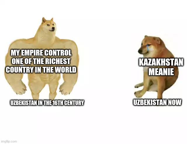 Uzbekistan then and now | MY EMPIRE CONTROL ONE OF THE RICHEST COUNTRY IN THE WORLD; KAZAKHSTAN MEANIE; UZBEKISTAN NOW; UZBEKISTAN IN THE 16TH CENTURY | image tagged in buff doge vs cheems | made w/ Imgflip meme maker