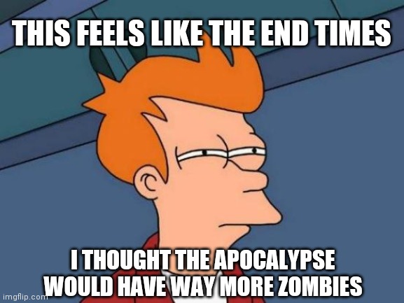Futurama Fry | THIS FEELS LIKE THE END TIMES; I THOUGHT THE APOCALYPSE WOULD HAVE WAY MORE ZOMBIES | image tagged in memes,futurama fry | made w/ Imgflip meme maker