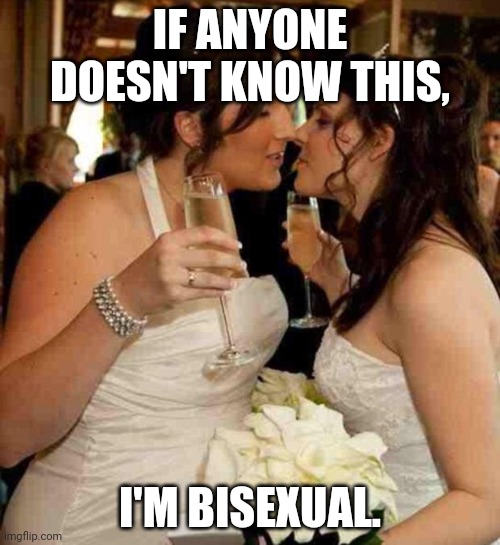 lesbian wedding | IF ANYONE DOESN'T KNOW THIS, I'M BISEXUAL. | image tagged in lesbian wedding | made w/ Imgflip meme maker