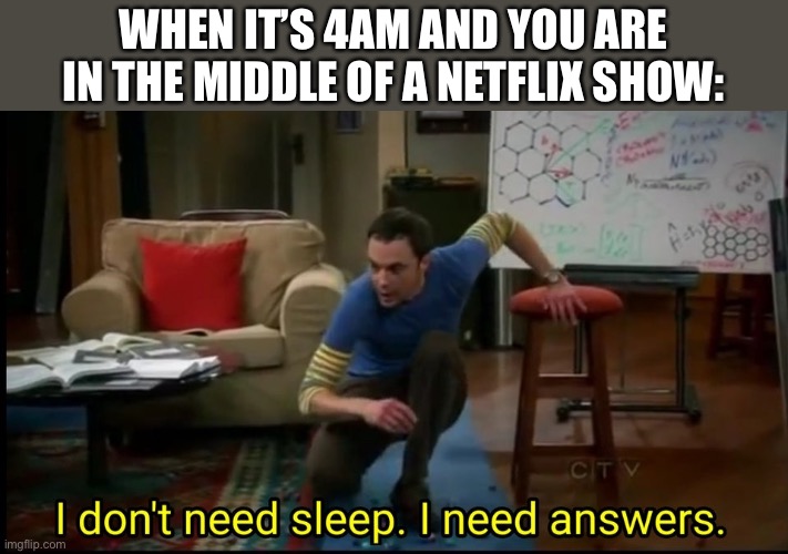QWERTY | WHEN IT’S 4AM AND YOU ARE IN THE MIDDLE OF A NETFLIX SHOW: | image tagged in i dont need sleep i need answers,netflix | made w/ Imgflip meme maker