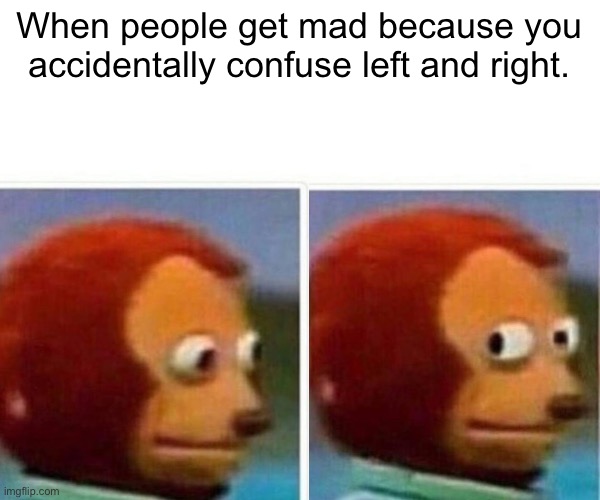 Confusing | When people get mad because you accidentally confuse left and right. | image tagged in monkey puppet,left,right,confusion | made w/ Imgflip meme maker