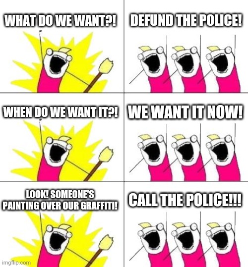 Dolts... | WHAT DO WE WANT?! DEFUND THE POLICE! WHEN DO WE WANT IT?! WE WANT IT NOW! LOOK! SOMEONE'S PAINTING OVER OUR GRAFFITI! CALL THE POLICE!!! | image tagged in memes,what do we want 3 | made w/ Imgflip meme maker