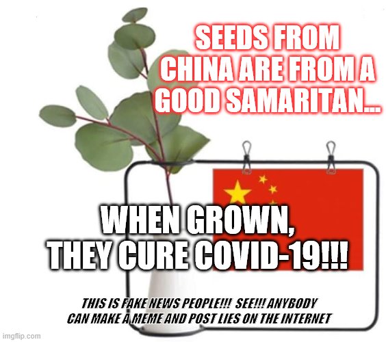 seeds from China | SEEDS FROM CHINA ARE FROM A GOOD SAMARITAN... WHEN GROWN, THEY CURE COVID-19!!! THIS IS FAKE NEWS PEOPLE!!!  SEE!!! ANYBODY CAN MAKE A MEME AND POST LIES ON THE INTERNET | image tagged in fake news covid satire | made w/ Imgflip meme maker