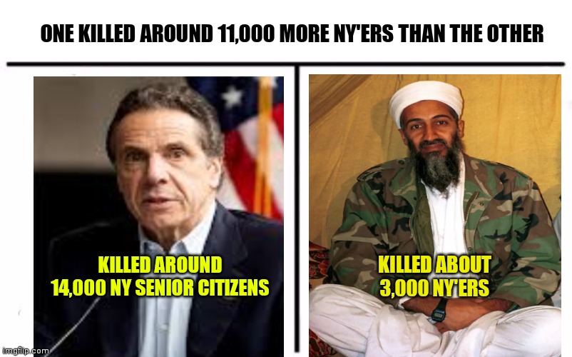 ONE KILLED AROUND 11,000 MORE NY'ERS THAN THE OTHER; KILLED ABOUT 3,000 NY'ERS; KILLED AROUND 14,000 NY SENIOR CITIZENS | image tagged in memes,who would win | made w/ Imgflip meme maker