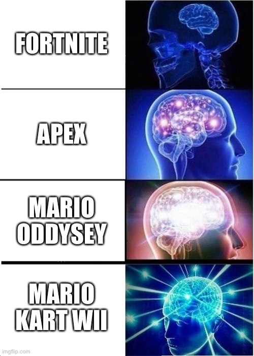 Any Mario Game>Fortnite | FORTNITE; APEX; MARIO ODDYSEY; MARIO KART WII | image tagged in memes,expanding brain | made w/ Imgflip meme maker