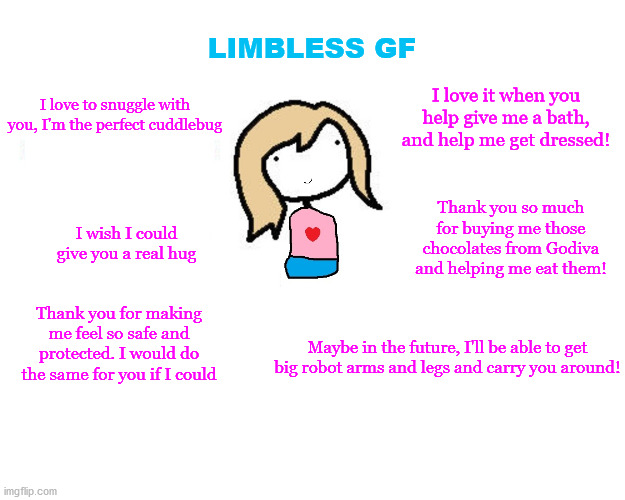 LIMBLESS GF; I love to snuggle with you, I'm the perfect cuddlebug; I love it when you help give me a bath, and help me get dressed! Thank you so much for buying me those chocolates from Godiva and helping me eat them! I wish I could give you a real hug; Thank you for making me feel so safe and protected. I would do the same for you if I could; Maybe in the future, I'll be able to get big robot arms and legs and carry you around! | image tagged in memes,girlfriend,arms,legs,gf,cute | made w/ Imgflip meme maker