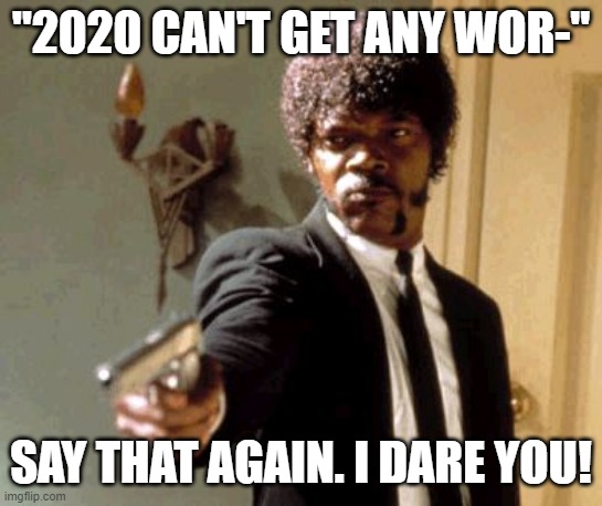 Me during 2020 | "2020 CAN'T GET ANY WOR-"; SAY THAT AGAIN. I DARE YOU! | image tagged in memes,say that again i dare you | made w/ Imgflip meme maker