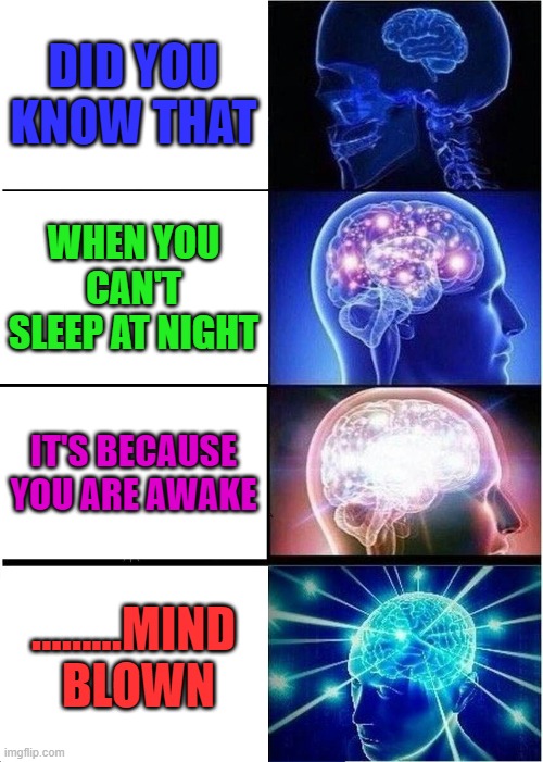 Expanding Brain Meme | DID YOU KNOW THAT; WHEN YOU CAN'T SLEEP AT NIGHT; IT'S BECAUSE YOU ARE AWAKE; .........MIND  BLOWN | image tagged in memes,expanding brain | made w/ Imgflip meme maker
