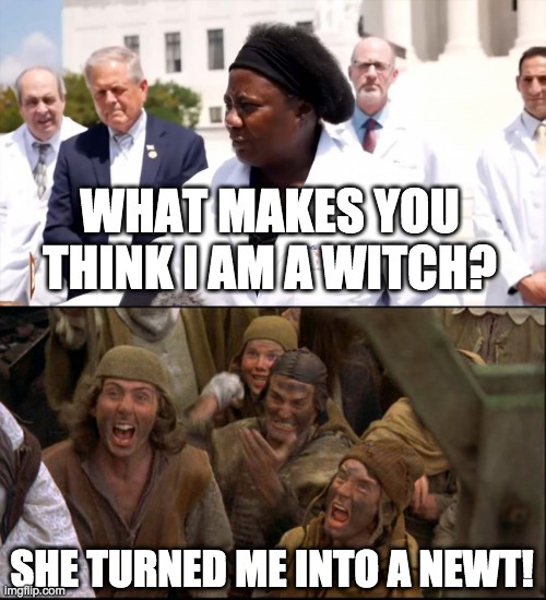 Might as well call her a Witch | WHAT MAKES YOU THINK I AM A WITCH? SHE TURNED ME INTO A NEWT! | image tagged in monty python witch,covid-19,trump,donald trump,1984,coronavirus | made w/ Imgflip meme maker