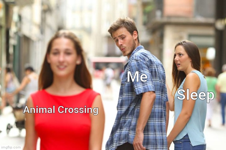 Distracted Boyfriend Meme | Me; Sleep; Animal Crossing | image tagged in memes,distracted boyfriend | made w/ Imgflip meme maker