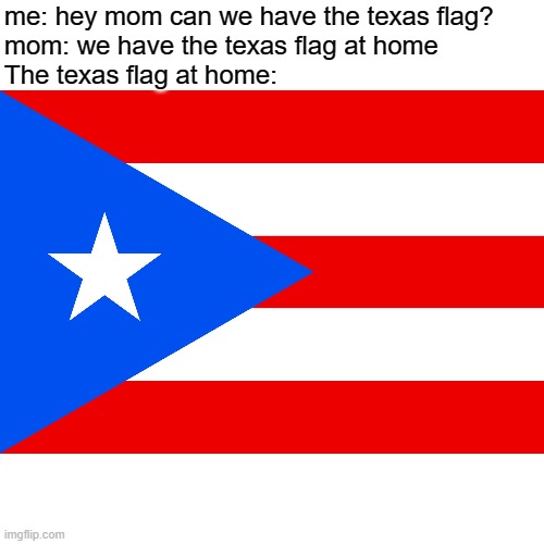 puerto rico  |  me: hey mom can we have the texas flag?
mom: we have the texas flag at home
The texas flag at home: | image tagged in puerto rico | made w/ Imgflip meme maker
