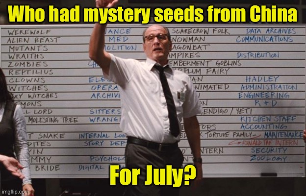 The latest pandemic from China? | Who had mystery seeds from China; For July? | image tagged in cabin the the woods,seeds,2020 | made w/ Imgflip meme maker