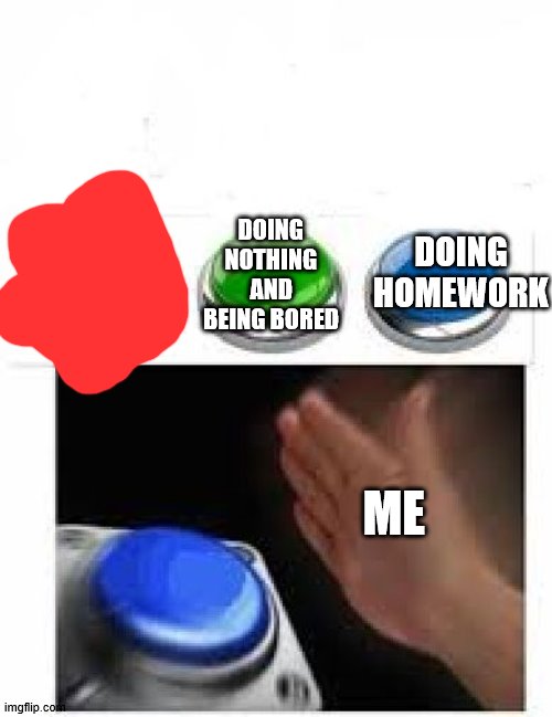 Red Green Blue Buttons | DOING HOMEWORK; DOING NOTHING AND BEING BORED; ME | image tagged in red green blue buttons | made w/ Imgflip meme maker