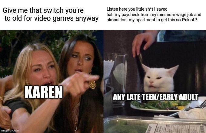Woman Yelling At Cat Meme | Give me that switch you're  to old for video games anyway; Listen here you little sh*t I saved half my paycheck from my minimum wage job and almost lost my apartment to get this so f*ck off! KAREN; ANY LATE TEEN/EARLY ADULT | image tagged in memes,woman yelling at cat | made w/ Imgflip meme maker