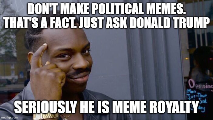 Is this true or what? | DON'T MAKE POLITICAL MEMES. THAT'S A FACT. JUST ASK DONALD TRUMP; SERIOUSLY HE IS MEME ROYALTY | image tagged in memes,roll safe think about it | made w/ Imgflip meme maker