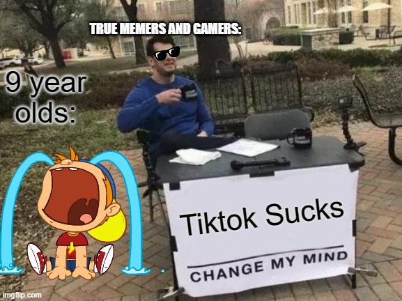 Change My Mind Meme | TRUE MEMERS AND GAMERS:; 9 year olds:; Tiktok Sucks | image tagged in memes,change my mind | made w/ Imgflip meme maker