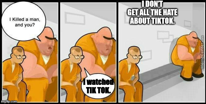 I don't get the hate about TIK TOK, but here it is. A TIK TOK meme. | I DON'T GET ALL THE HATE ABOUT TIKTOK. I watched TIK TOK. | image tagged in prisoners blank | made w/ Imgflip meme maker