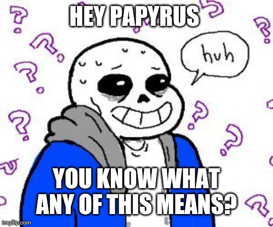 confused sans | HEY PAPYRUS YOU KNOW WHAT ANY OF THIS MEANS? | image tagged in confused sans | made w/ Imgflip meme maker