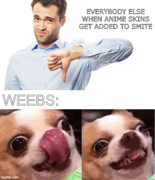 Anime Skins In Smite | EVERYBODY ELSE WHEN ANIME SKINS GET ADDED TO SMITE; WEEBS: | image tagged in smite,weebs,anime,skins,anime skins,game skins | made w/ Imgflip meme maker