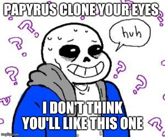 confused sans | PAPYRUS CLONE YOUR EYES I DON'T THINK YOU'LL LIKE THIS ONE | image tagged in confused sans | made w/ Imgflip meme maker