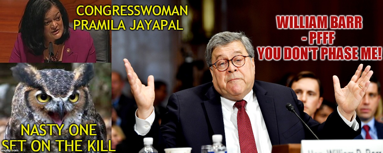 WILLIAM BARR - PFFF 
YOU DON'T PHASE ME! CONGRESSWOMAN PRAMILA JAYAPAL; NASTY ONE SET ON THE KILL | made w/ Imgflip meme maker