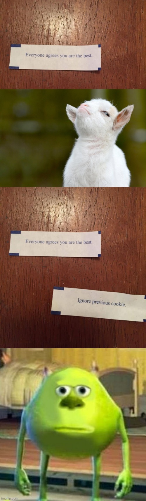 image tagged in proud baby goat,monsters inc face swap,fortune cookie | made w/ Imgflip meme maker