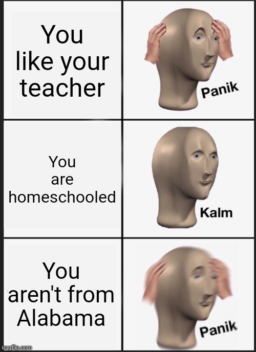 The Dilemma | You like your teacher; You are homeschooled; You aren't from Alabama | image tagged in memes,panik kalm panik | made w/ Imgflip meme maker