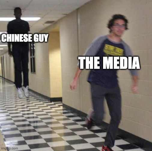 floating boy chasing running boy | THE MEDIA CHINESE GUY | image tagged in floating boy chasing running boy | made w/ Imgflip meme maker