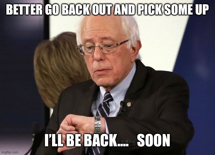 Bernie Sanders checks watch | BETTER GO BACK OUT AND PICK SOME UP I’LL BE BACK....   SOON | image tagged in bernie sanders checks watch | made w/ Imgflip meme maker