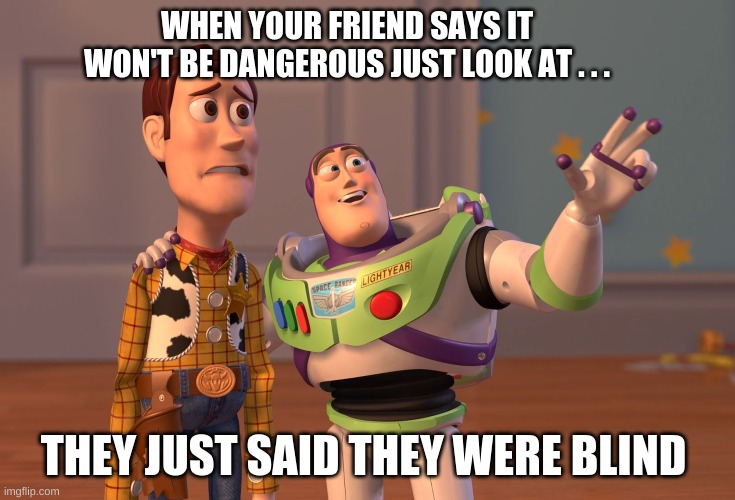 blind friends | WHEN YOUR FRIEND SAYS IT WON'T BE DANGEROUS JUST LOOK AT . . . THEY JUST SAID THEY WERE BLIND | image tagged in blind man | made w/ Imgflip meme maker
