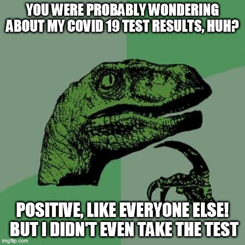 Covid 19 | YOU WERE PROBABLY WONDERING ABOUT MY COVID 19 TEST RESULTS, HUH? POSITIVE, LIKE EVERYONE ELSE!  BUT I DIDN'T EVEN TAKE THE TEST | image tagged in memes,philosoraptor | made w/ Imgflip meme maker