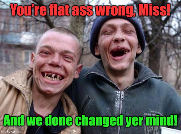 No teeth | You’re flat ass wrong, Miss! And we done changed yer mind! | image tagged in no teeth | made w/ Imgflip meme maker