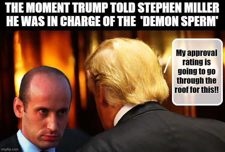 THE MOMENT TRUMP TOLD STEPHEN MILLER HE WAS IN CHARGE OF THE  'DEMON SPERM'; My approval rating is going to go through the roof for this!! | image tagged in nazi,stephen miller,trump is a moron,demon | made w/ Imgflip meme maker