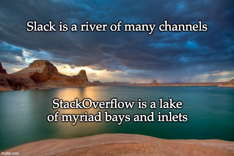 Slack vs StackOverflow | Slack is a river of many channels; StackOverflow is a lake of myriad bays and inlets | image tagged in lake powell | made w/ Imgflip meme maker