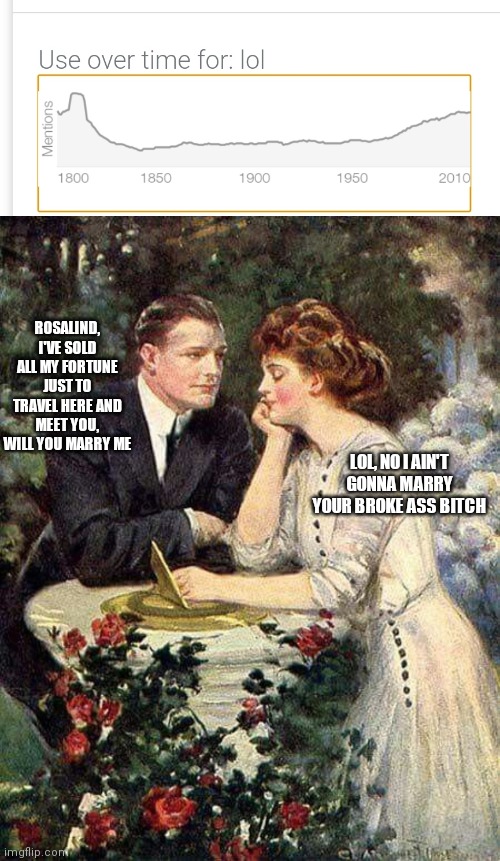 ROSALIND, I'VE SOLD ALL MY FORTUNE JUST TO TRAVEL HERE AND MEET YOU, WILL YOU MARRY ME; LOL, NO I AIN'T GONNA MARRY YOUR BROKE ASS BITCH | image tagged in romantic | made w/ Imgflip meme maker