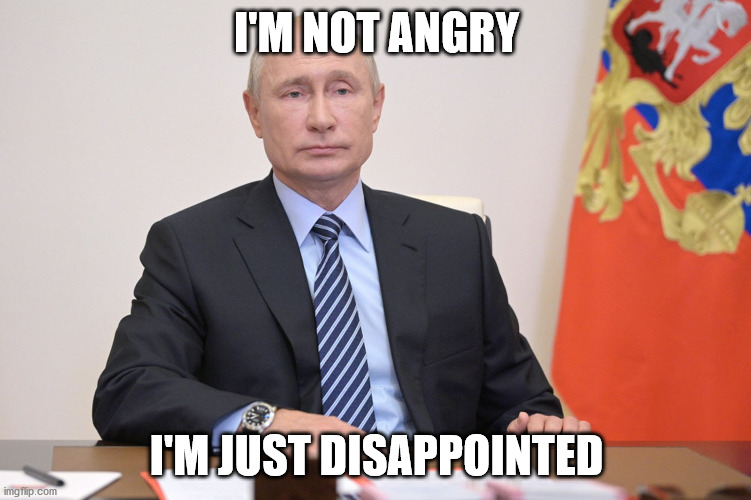 Disappointed Putin | I'M NOT ANGRY; I'M JUST DISAPPOINTED | image tagged in vladimir putin | made w/ Imgflip meme maker