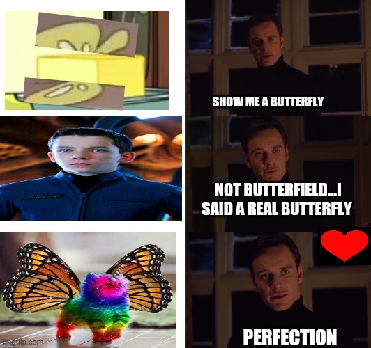 Butterfly flapping them wings | SHOW ME A BUTTERFLY; NOT BUTTERFIELD...I SAID A REAL BUTTERFLY; PERFECTION | image tagged in perfection | made w/ Imgflip meme maker