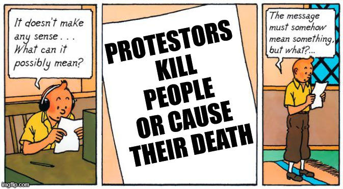 what does it mean? | PROTESTORS 
KILL PEOPLE 
OR CAUSE 
THEIR DEATH | image tagged in what does it mean | made w/ Imgflip meme maker