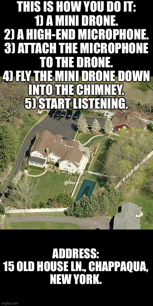 A drone project. | THIS IS HOW YOU DO IT:

1) A MINI DRONE.
2) A HIGH-END MICROPHONE.
3) ATTACH THE MICROPHONE TO THE DRONE.
4) FLY THE MINI DRONE DOWN
INTO THE CHIMNEY.
5) START LISTENING. ADDRESS:

15 OLD HOUSE LN., CHAPPAQUA, NEW YORK. | image tagged in bill and hillary clinton,bill clinton,hillary clinton,bill clinton - sexual relations,clinton corruption,crazy hillary clinton | made w/ Imgflip meme maker
