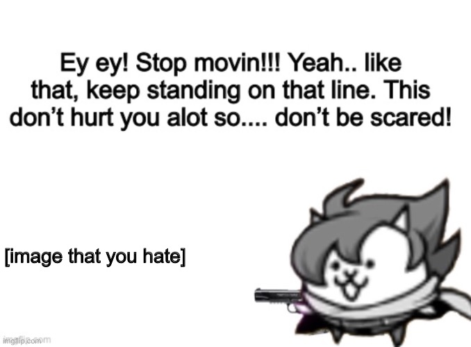 Ey ey!! Stop movin! | [image that you hate] | image tagged in ey ey stop movin,cat with gun | made w/ Imgflip meme maker