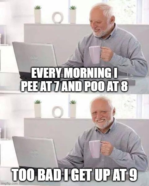 hold it in buddy | EVERY MORNING I PEE AT 7 AND POO AT 8; TOO BAD I GET UP AT 9 | image tagged in memes,hide the pain harold | made w/ Imgflip meme maker